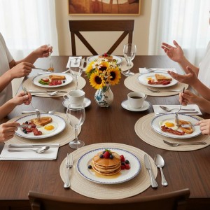 SHACOS Round Placemats Set of 6 Cotton Polyester Braided Place Mats 15 inch Heat Resistant Washable Table Mats for Kitchen Dining Party Natural Table Decor (Beige, 6)