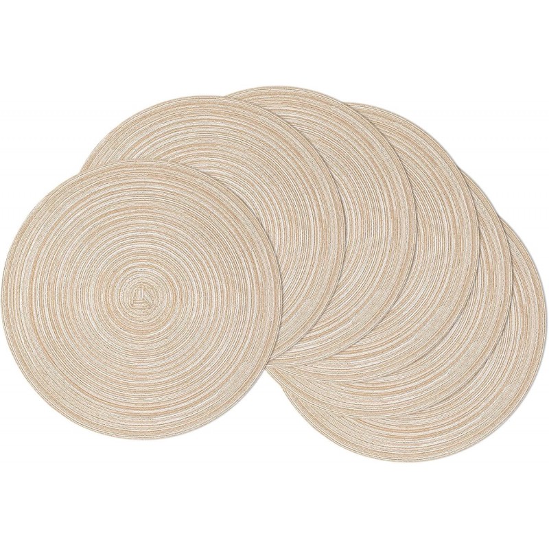 SHACOS Round Placemats Set of 6 Cotton Polyester Braided Place Mats 15 inch Heat Resistant Washable Table Mats for Kitchen Dining Party Natural Table Decor (Beige, 6)
