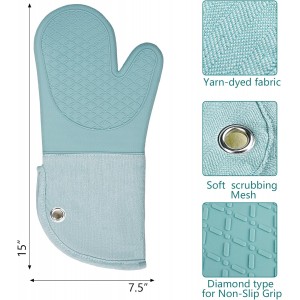 Professional Microwave Silicone Oven Mitts one Pair, Kitchen Mitten Set for Heat Resistant with 500 Degrees, Kitchen Gloves Pot Holder for BBQ Cooking Baking (Light Blue)