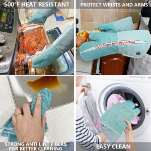 Professional Microwave Silicone Oven Mitts one Pair, Kitchen Mitten Set for Heat Resistant with 500 Degrees, Kitchen Gloves Pot Holder for BBQ Cooking Baking (Light Blue)