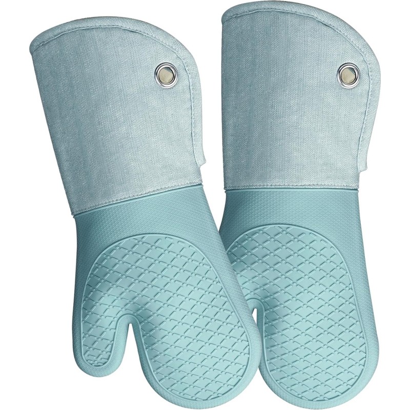 Professional Microwave Silicone Oven Mitts one Pair, Kitchen Mitten Set for Heat Resistant with 500 Degrees, Kitchen Gloves Pot Holder for BBQ Cooking Baking (Light Blue)