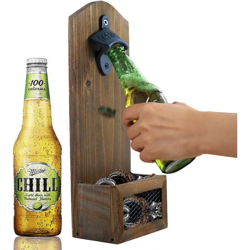 ZGZD Wooden Bottle Opener Wall Mounted with Cap Catcher, Gifts for Men and Beer Lovers