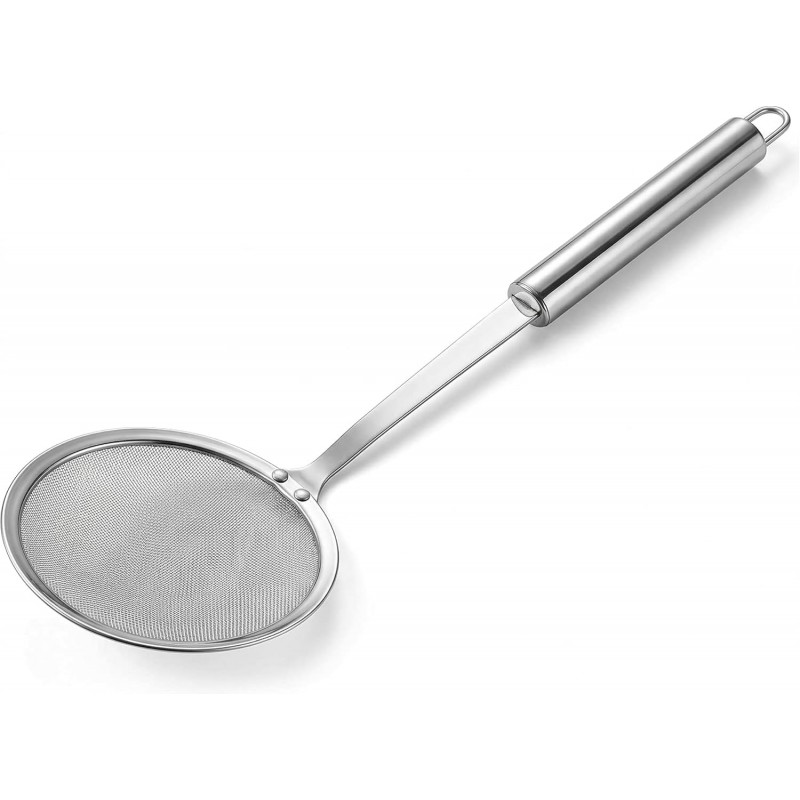 Stainless Steel Skimmer Strainer,Stainless Steel Fat Skimmer Spoon Fine Mesh Food Strainer for Grease, Gravy and Foam with Long Handle
