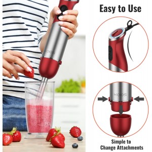 KOIOS 5-in-1 Hand Immersion Blender, 1000W 12 Speed Handheld Blender Stick with Copper Motor Stainless Steel Blade, 600ml Mixing Beaker,500ml Food Processor, Whisk, Milk Frother, Non-BPA, Red