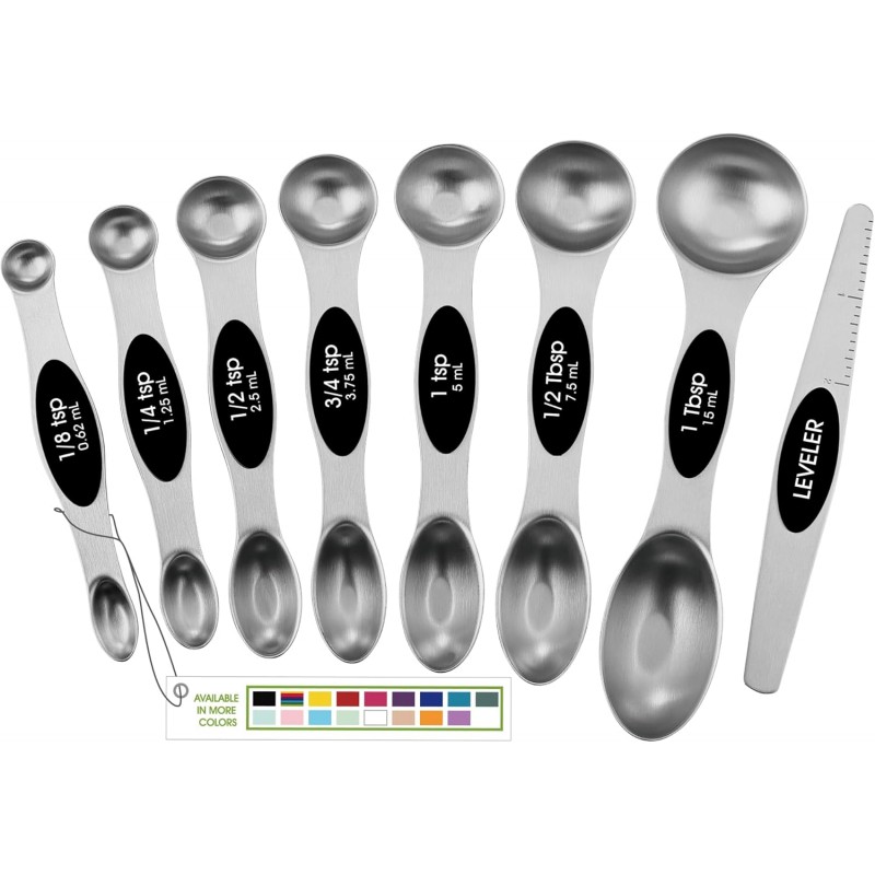 Stainless Steel Magnetic Measuring Spoons Set with Strong N45 Magnets, Heavy Duty Metal Kitchen Gadgets for Baking & Cooking, Fits in Most Kitchen Spice Jars, Set of 8 with Leveler, Black