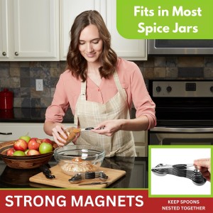 Stainless Steel Magnetic Measuring Spoons Set with Strong N45 Magnets, Heavy Duty Metal Kitchen Gadgets for Baking & Cooking, Fits in Most Kitchen Spice Jars, Set of 8 with Leveler, Black