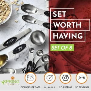 Stainless Steel Magnetic Measuring Spoons Set with Strong N45 Magnets, Heavy Duty Metal Kitchen Gadgets for Baking & Cooking, Fits in Most Kitchen Spice Jars, Set of 8 with Leveler, Black