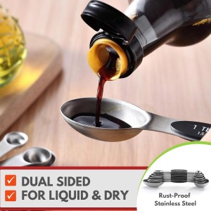 Stainless Steel Magnetic Measuring Spoons Set with Strong N45 Magnets, Heavy Duty Metal Kitchen Gadgets for Baking & Cooking, Fits in Most Kitchen Spice Jars, Set of 8 with Leveler, Black