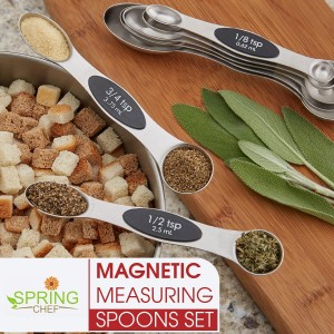 Stainless Steel Magnetic Measuring Spoons Set with Strong N45 Magnets, Heavy Duty Metal Kitchen Gadgets for Baking & Cooking, Fits in Most Kitchen Spice Jars, Set of 8 with Leveler, Black