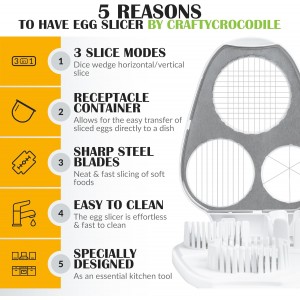 CraftyCrocodile Egg Slicer for Hard Boiled Eggs - 3 Slice Modes Egg Cutter, Heavy Duty, Stainless Steel Dicer - Kitchen Chopper Tool for Strawberry, Mushroom, Grape, Cherry Tomato - White