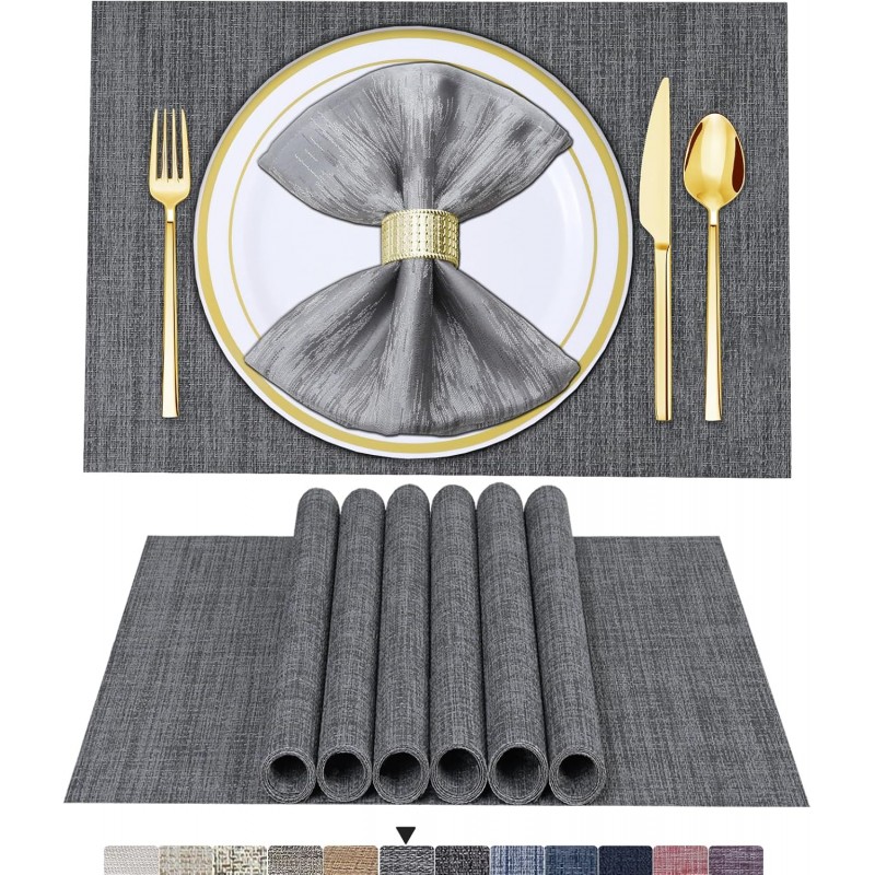 BETEAM Placemats Set of 6, Woven Vinyl Placemat for Dining Table Washable Wipeable Kitchen Place Mats Durable Indoor Outdoor Table Mats