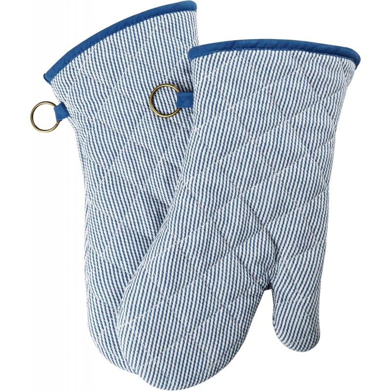 1 Pair Yarn Dyed Oven Mitts 100% Cotton Heat Resistant 470 Degree Gloves Men Women Cooking Baking Barbecue BBQ Microwave Crafting Machine Washable Pot Holders Mittens (blue2)