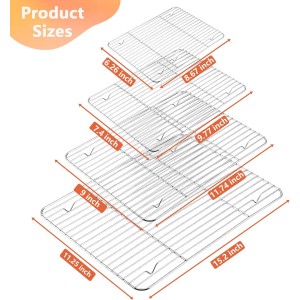 P&P CHEF Baking Cooling Rack Set for Cooking Roasting, 4-Piece Stainless Steel Wire Racks for Oven Use, Healthy & Dishwasher Safe, Rectangle, 8.6 + 9.7+ 11.6 + 15.3 Inch