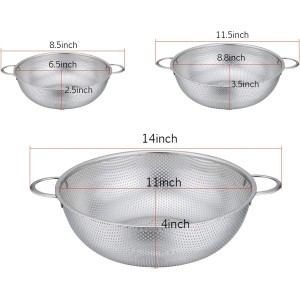 P&P CHEF Colander Set of 3, Stainless Steel Micro-Perforated Colanders Strainers for Draining Rinsing Washing, Ideal for Pasta Vegetables Fruits, Heavy Duty & Dishwasher Safe - 1/3/5 Quart