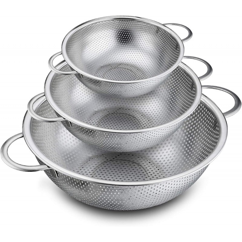 P&P CHEF Colander Set of 3, Stainless Steel Micro-Perforated Colanders Strainers for Draining Rinsing Washing, Ideal for Pasta Vegetables Fruits, Heavy Duty & Dishwasher Safe - 1/3/5 Quart