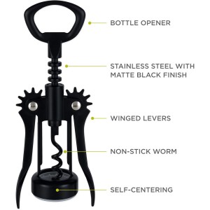 True Soar Winged Corkscrew Wine Opener, Multi-Purpose Bottle Opener for Beer and Soda, Stainless Steel with Chrome Finish, Easy to Remove Cork for Bartenders, Home Bar, Kitchen, Set of 1, Matte Black