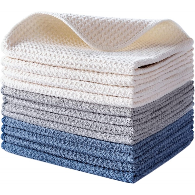 POLYTE Premium Microfiber Kitchen Dish Cloth Waffle Weave 12 Pack (12x12 in, Dark Blue, Gray, Off White)