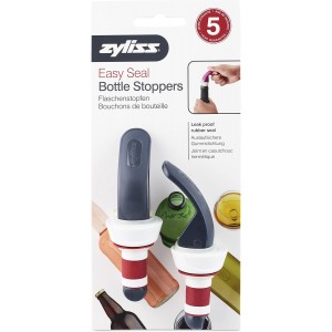 Zyliss Easy Seal Bottle Stoppers – Leak-Proof Wine and Champagne Stoppers with Long Easy-Lock Handle, Comfortable Grip, Airtight Seal, Modern Design in Gray and Red, Durable and Dishwasher Safe
