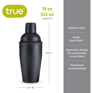 True Ash Stainless Steel Cocktail Shaker for Cold Brew Cocktails, Margarita, Whiskey Sour, Espresso Martini Shaker, Home Bar Accessories, Bartender Gifts, 18 oz, Set of 1, Matte Black