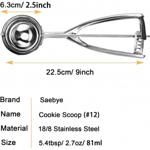 Large Cookie Scoop, 5.4 Tbsp/ 2.7 OZ, 2.5 inch/ 63MM Ball, 18/8 Stainless Steel Ice Cream Scoop, Cupcake Scoop, Secondary Polishing