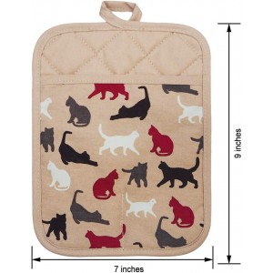 Pot Holders Set of 2 Heat Resistant 480 ℉ Kitchen Non Slip Clear Silicone Printed Comfortable Cotton Lining Women Men Cooking Barbecue Microwave Machine Washable (Cat, Khaki Potholders)