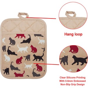 Pot Holders Set of 2 Heat Resistant 480 ℉ Kitchen Non Slip Clear Silicone Printed Comfortable Cotton Lining Women Men Cooking Barbecue Microwave Machine Washable (Cat, Khaki Potholders)