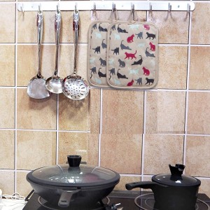 Pot Holders Set of 2 Heat Resistant 480 ℉ Kitchen Non Slip Clear Silicone Printed Comfortable Cotton Lining Women Men Cooking Barbecue Microwave Machine Washable (Cat, Khaki Potholders)