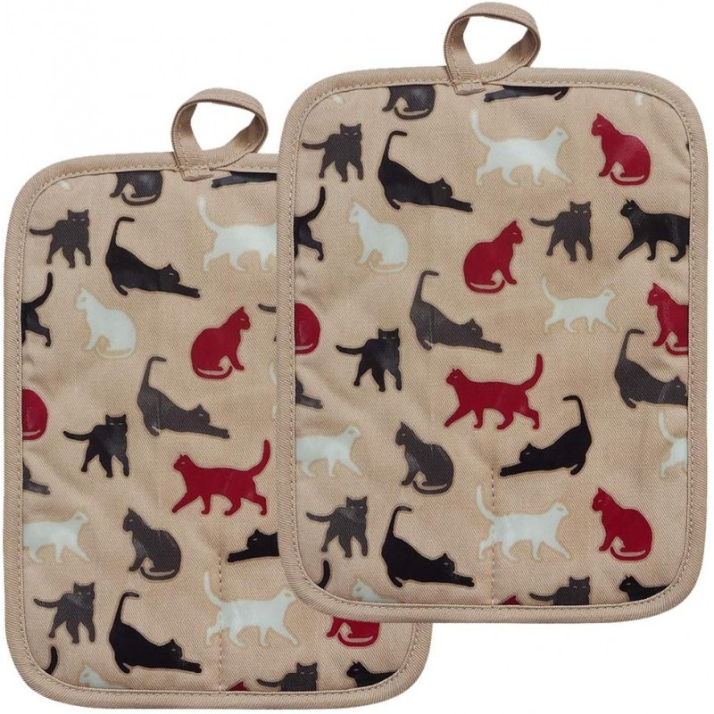 Pot Holders Set of 2 Heat Resistant 480 ℉ Kitchen Non Slip Clear Silicone Printed Comfortable Cotton Lining Women Men Cooking Barbecue Microwave Machine Washable (Cat, Khaki Potholders)