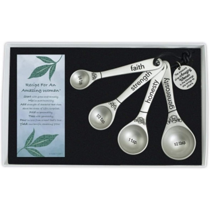 Amazing Woman Measuring Spoon Set, Decorative Gifts and Kitchen Accessories, 4 Spoons, Engraved Pewter and Silver Enamel, By Abbey & CA Gift