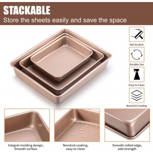 Deep Baking Pans Set Nonstick,Rectangle Cake Pan,Stackable Bakeware Set of 3,Oven Trays for Baking,Gold(9''/11''/13'')