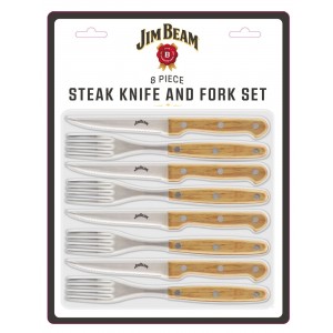 Jim Beam Set of 8 Ideal, Chicken, Pork and More-Steak Knives and Forks Made of Stainless Steel Blade and Contoure, Medium, Light Brown, JB0208