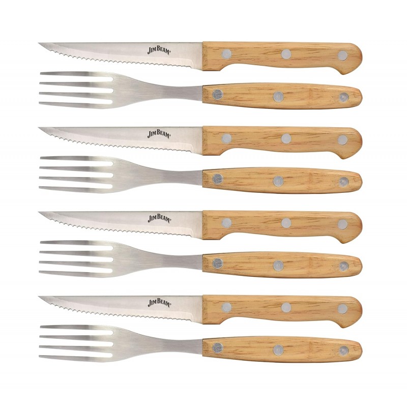 Jim Beam Set of 8 Ideal, Chicken, Pork and More-Steak Knives and Forks Made of Stainless Steel Blade and Contoure, Medium, Light Brown, JB0208