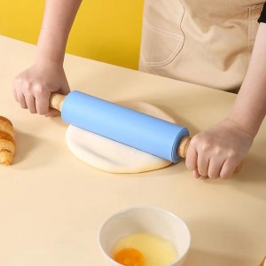 Silicone Rolling Pin with Wooden Handle - Non Stick Surface Dough Roller-roller pins for baking Pastry,Pizza,Fondant,Tortilla, Bread Crus& Christmas Cookies Supplies Gift for Home Bakers.