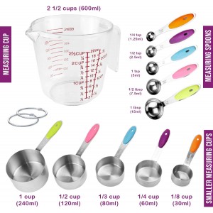 Measuring Cups and Spoons Set 11 Piece. Includes 10 Stainless Steel Measuring Spoons and Cups Set and 1 Plastic Measuring Cup. Liquid Measuring Cups Set and Dry Metal Measuring Cup Set