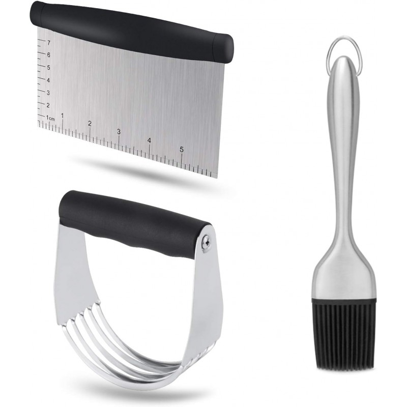 Dough Blender - Stainless Steel Pastry Cutter Set, Blender + Scraper + Brush, Professional Baking Tools