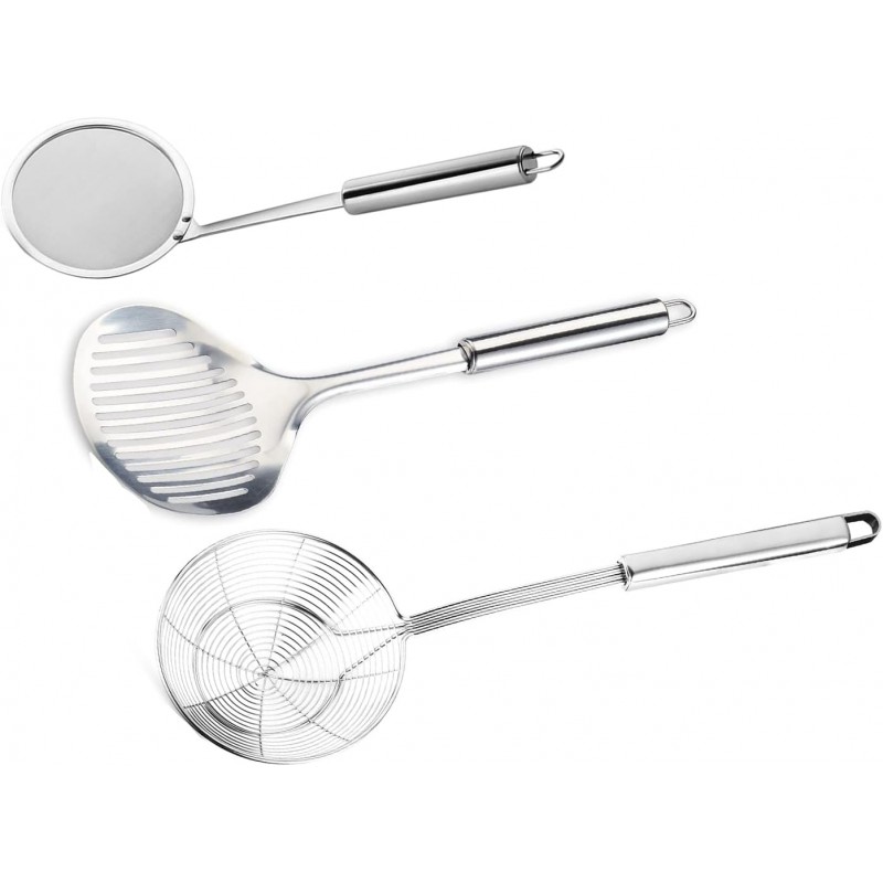 Tenta tenta kitchen Solid Stainless Steel Spider Strainer Skimmer Ladle for Cooking and Frying, Kitchen Utensils Wire Strainer Pasta Strainer Spoon Hot Pot Fat Skimmer Spoon Set of 3