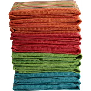 DG Collections Salsa Stripe Kitchen Dish Towels, 100% Cotton, Highly Absorbent, Multi Purpose Waffle Tea Towels for Cooking, Drying & Cleaning, 16x28 Inches, Pack of 12