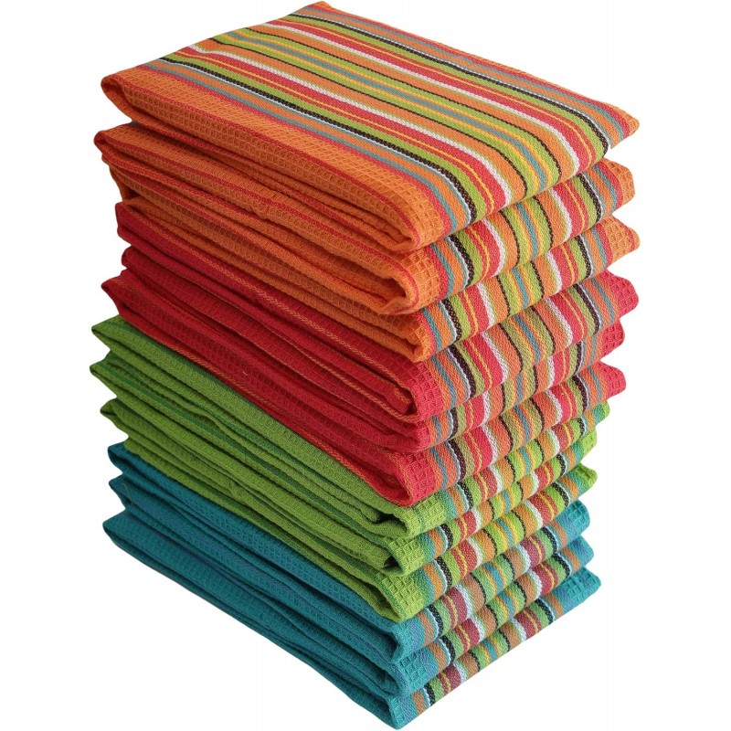 DG Collections Salsa Stripe Kitchen Dish Towels, 100% Cotton, Highly Absorbent, Multi Purpose Waffle Tea Towels for Cooking, Drying & Cleaning, 16x28 Inches, Pack of 12