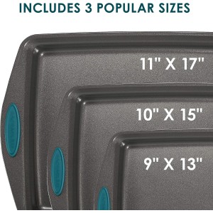 Rachael Ray Bakeware Nonstick Cookie Pan Set, 3-Piece, Gray with Marine Blue Grips
