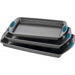 Rachael Ray Bakeware Nonstick Cookie Pan Set, 3-Piece, Gray with Marine Blue Grips