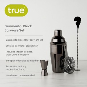 True 4-Piece Cocktail Shaker Set Includes Cobbler Shaker, Strainer, Jigger, Bar Spoon for Classic Cocktails, Mixed Drinks, Cold Brew, Home Bar Tools, Bartender Gifts, Bar Cart Accessories, Black