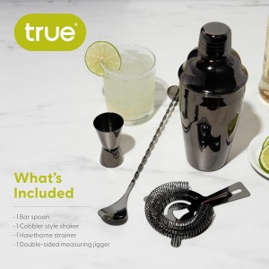 True 4-Piece Cocktail Shaker Set Includes Cobbler Shaker, Strainer, Jigger, Bar Spoon for Classic Cocktails, Mixed Drinks, Cold Brew, Home Bar Tools, Bartender Gifts, Bar Cart Accessories, Black