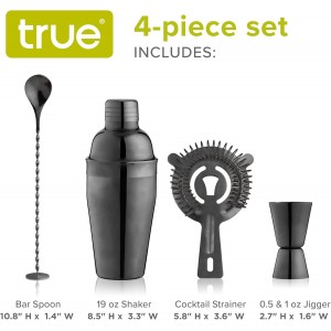 True 4-Piece Cocktail Shaker Set Includes Cobbler Shaker, Strainer, Jigger, Bar Spoon for Classic Cocktails, Mixed Drinks, Cold Brew, Home Bar Tools, Bartender Gifts, Bar Cart Accessories, Black