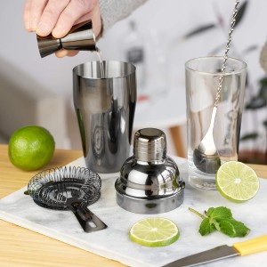True 4-Piece Cocktail Shaker Set Includes Cobbler Shaker, Strainer, Jigger, Bar Spoon for Classic Cocktails, Mixed Drinks, Cold Brew, Home Bar Tools, Bartender Gifts, Bar Cart Accessories, Black