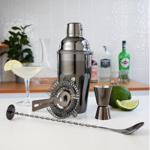True 4-Piece Cocktail Shaker Set Includes Cobbler Shaker, Strainer, Jigger, Bar Spoon for Classic Cocktails, Mixed Drinks, Cold Brew, Home Bar Tools, Bartender Gifts, Bar Cart Accessories, Black