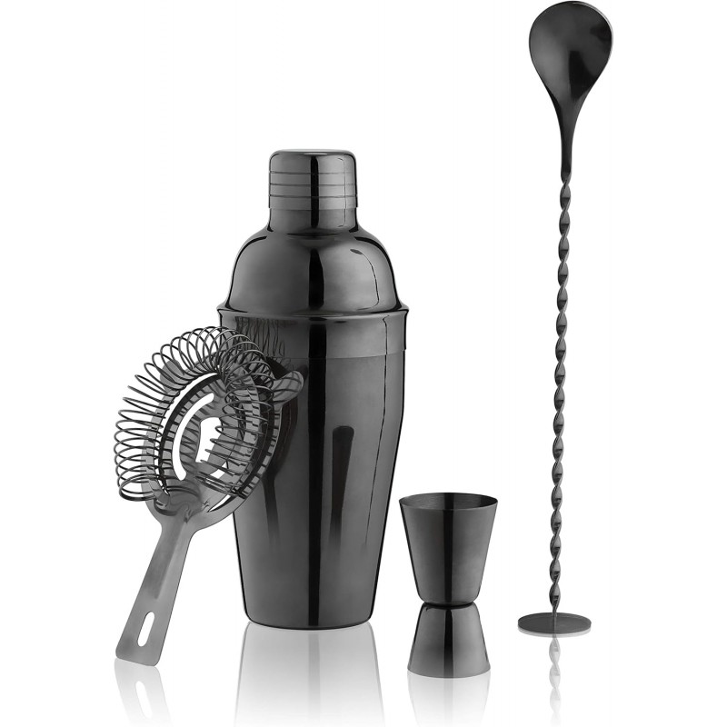 True 4-Piece Cocktail Shaker Set Includes Cobbler Shaker, Strainer, Jigger, Bar Spoon for Classic Cocktails, Mixed Drinks, Cold Brew, Home Bar Tools, Bartender Gifts, Bar Cart Accessories, Black