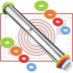 Rolling Pin and Pastry Baking Mat Set, Rolling Pins with Adjustable Thickness Rings, Stainless Steel Dough Roller for Baking Fondant, Pizza, Pie, Pastry, Pasta, Cookies (Red Mat)