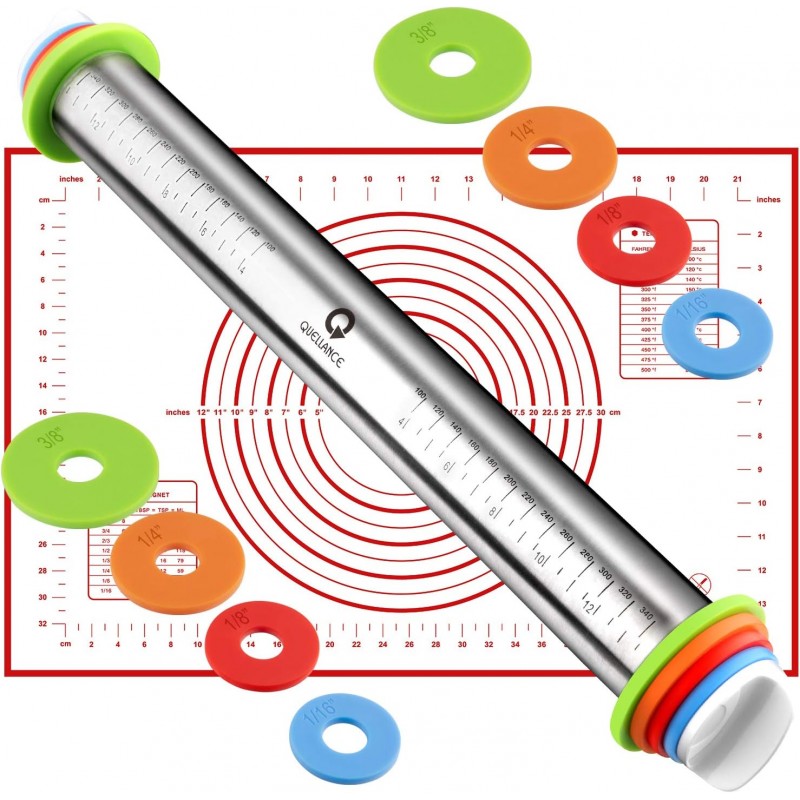 Rolling Pin and Pastry Baking Mat Set, Rolling Pins with Adjustable Thickness Rings, Stainless Steel Dough Roller for Baking Fondant, Pizza, Pie, Pastry, Pasta, Cookies (Red Mat)