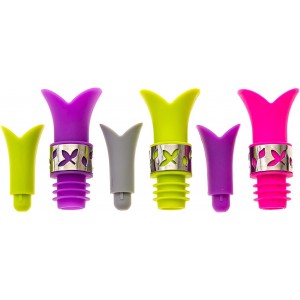 Silicone Wine Bottle Stopper Pourer with Stainless Steel Accent Pack of 3 Flower Stopper Pourer for Glass Wine, Cooking Oil, Liqueur, Flavoring Bottles - Green/Pink/Purple