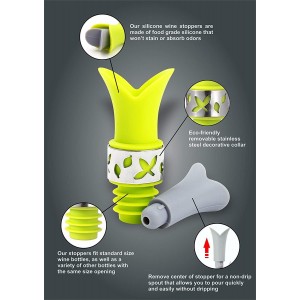 Silicone Wine Bottle Stopper Pourer with Stainless Steel Accent Pack of 3 Flower Stopper Pourer for Glass Wine, Cooking Oil, Liqueur, Flavoring Bottles - Green/Pink/Purple